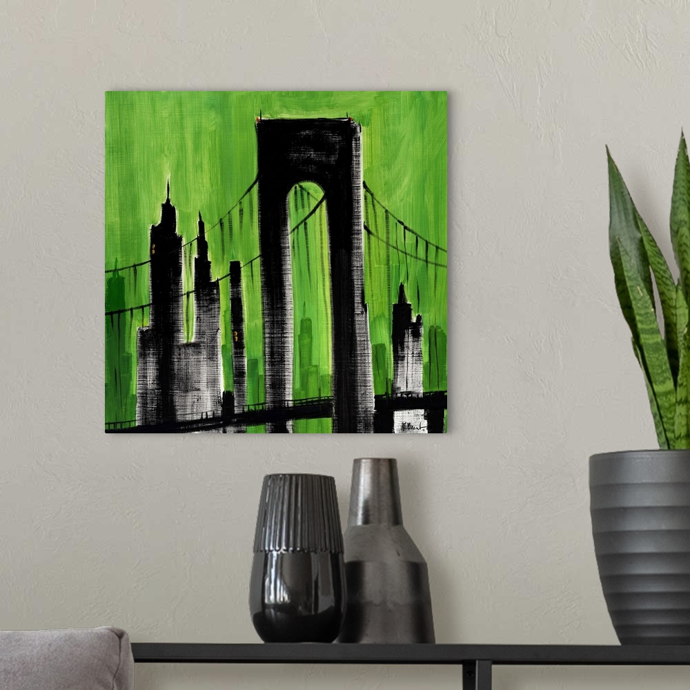 A modern room featuring Semi-abstract painting of silhouetted skyscrapers and bridge against a brightly colored sky.