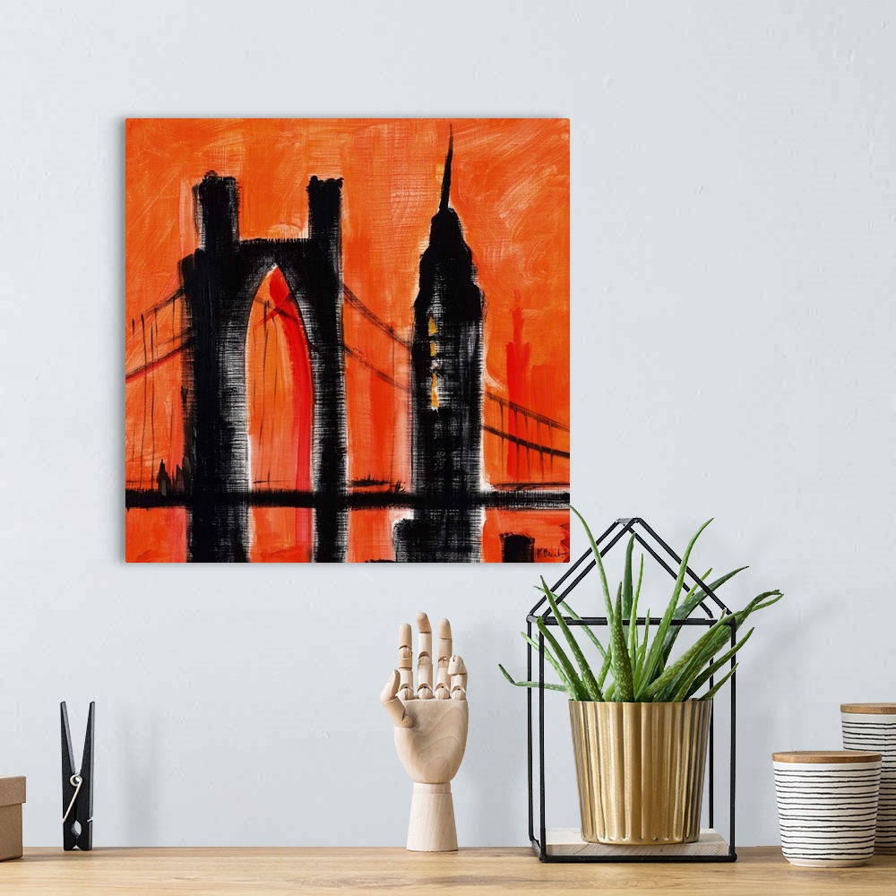 A bohemian room featuring Semi-abstract painting of silhouetted skyscrapers and bridge  against a brightly colored sky.