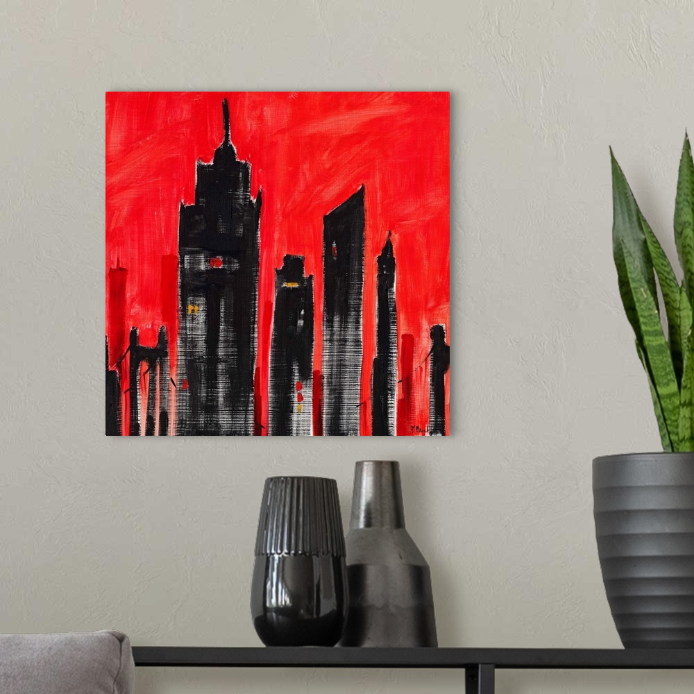 A modern room featuring Semi-abstract painting of silhouetted skyscrapers against a brightly colored sky.
