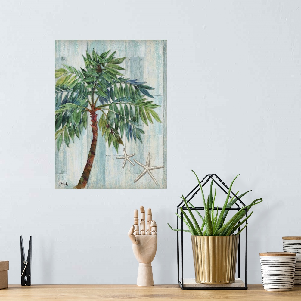 A bohemian room featuring Blue and green toned palm tree with two starfish on a blue and tan distressed faux wood background.