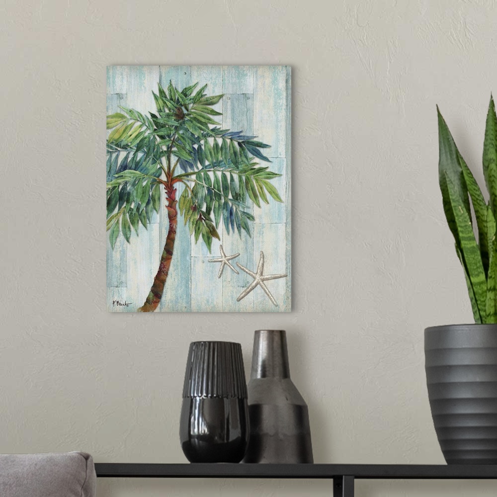 A modern room featuring Blue and green toned palm tree with two starfish on a blue and tan distressed faux wood background.