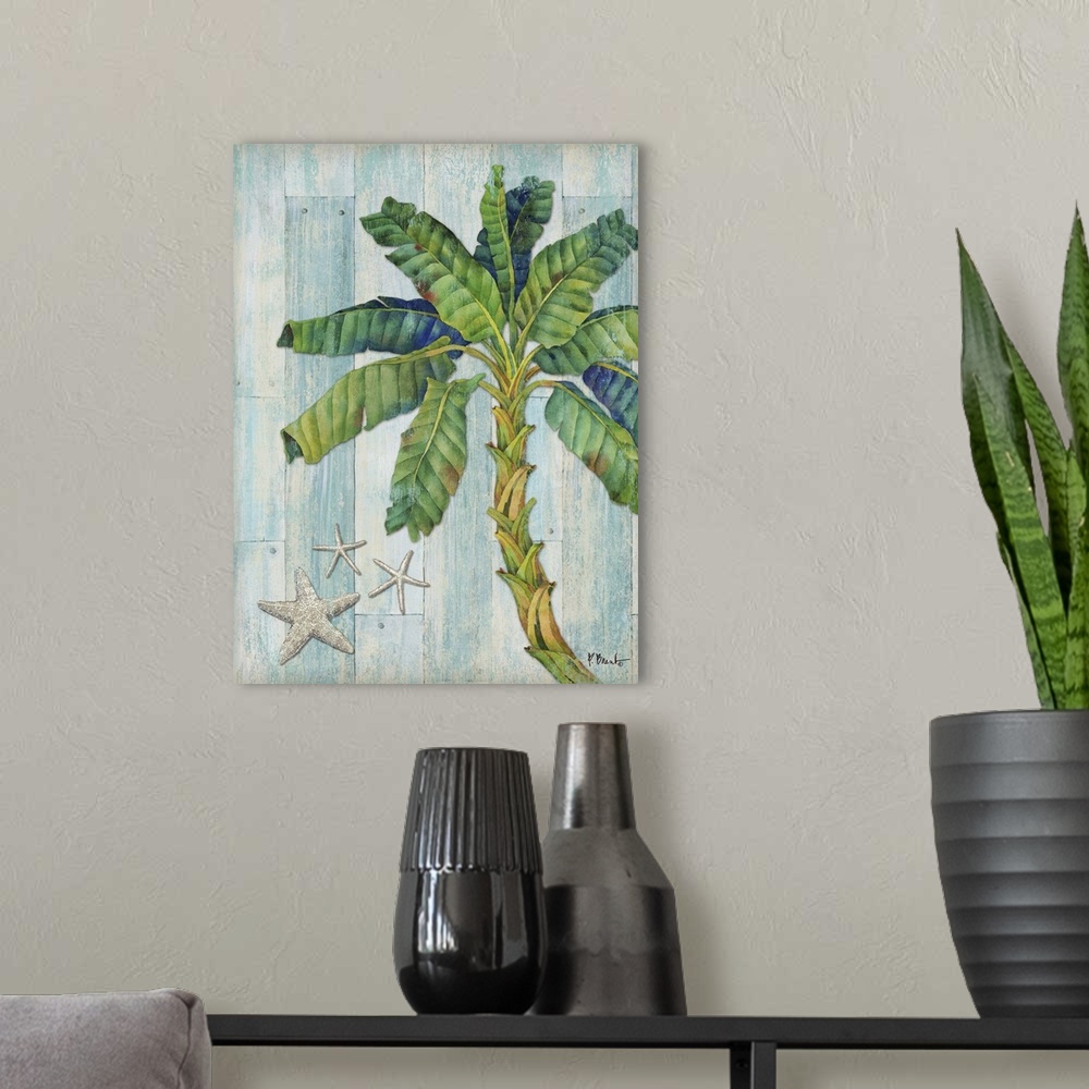 A modern room featuring Blue and green toned palm tree with two starfish on a blue and tan distressed faux wood background.