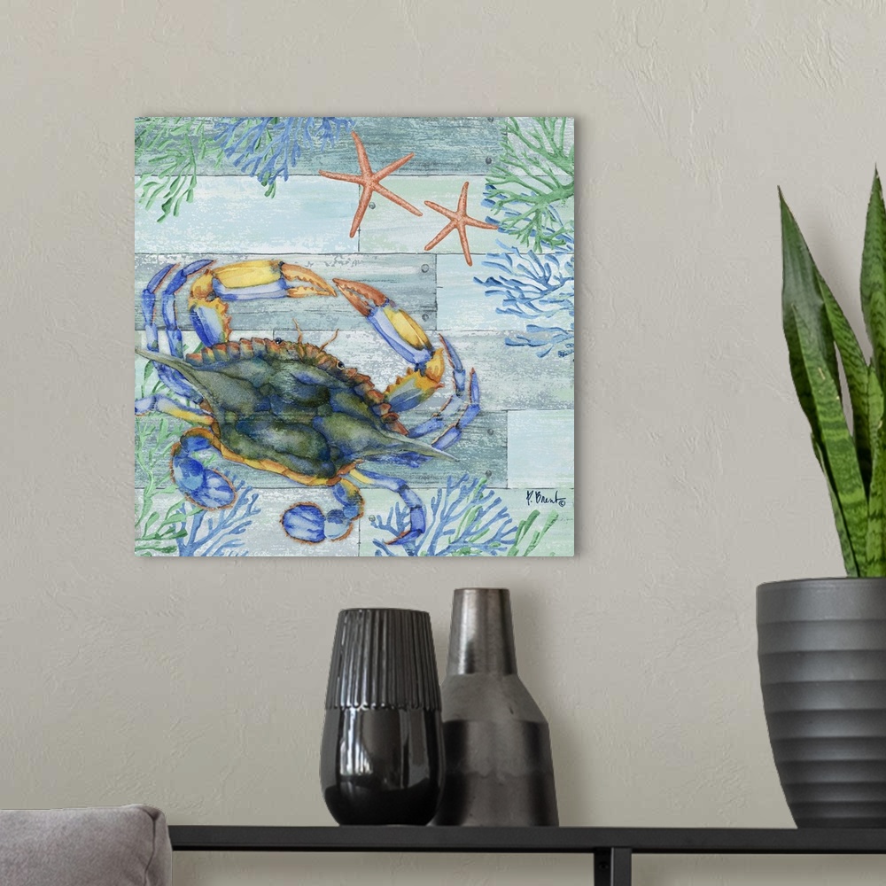 A modern room featuring Square beach decor with a crab, starfish, and seaweed in blue and green tones on a faux wood back...