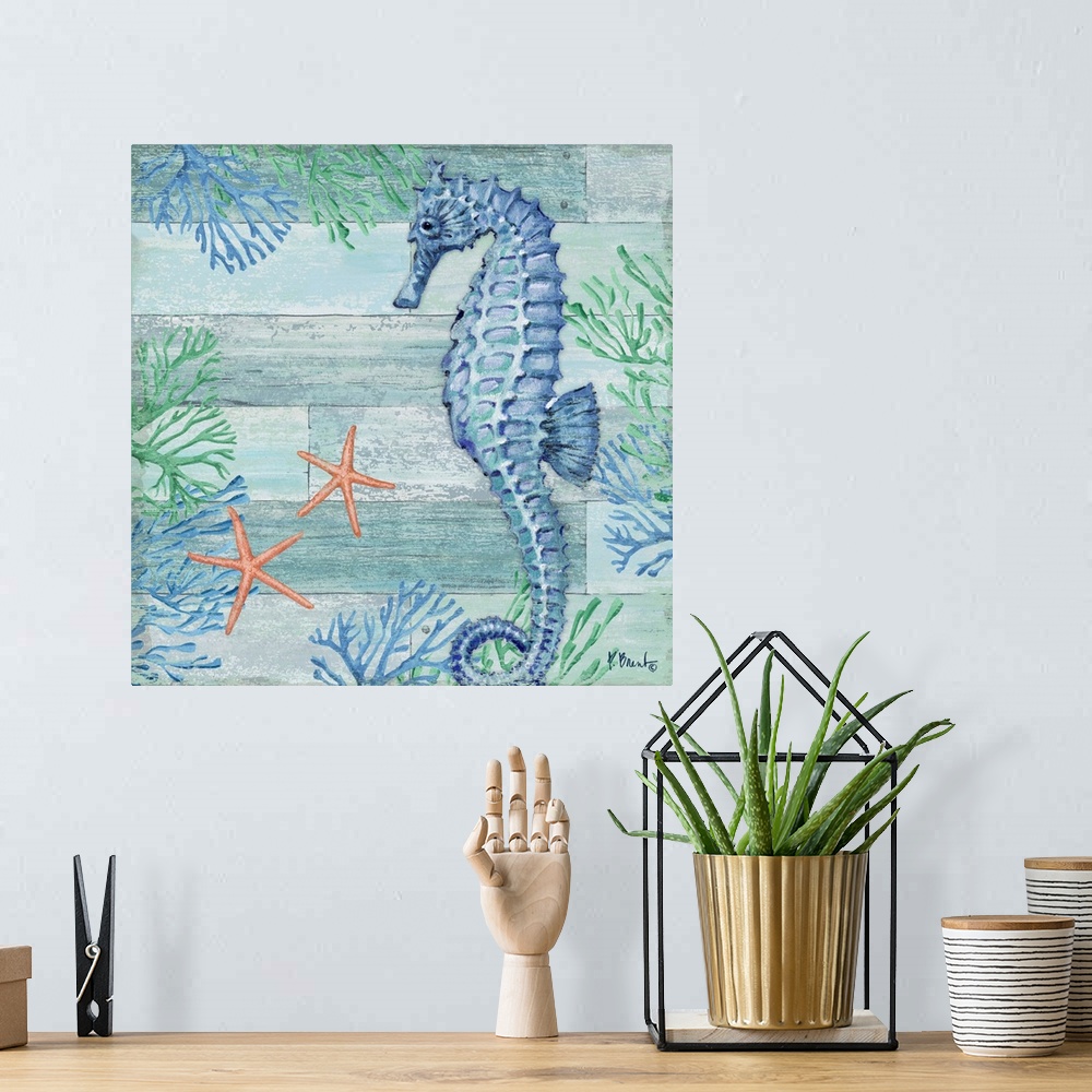 A bohemian room featuring Square beach decor with a seahorse, starfish, and seaweed in blue and green tones on a faux wood ...