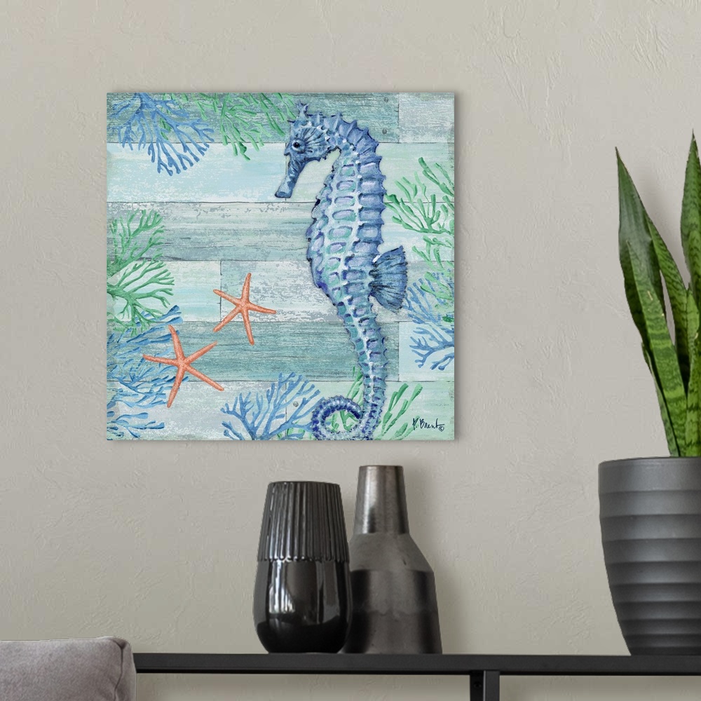 A modern room featuring Square beach decor with a seahorse, starfish, and seaweed in blue and green tones on a faux wood ...