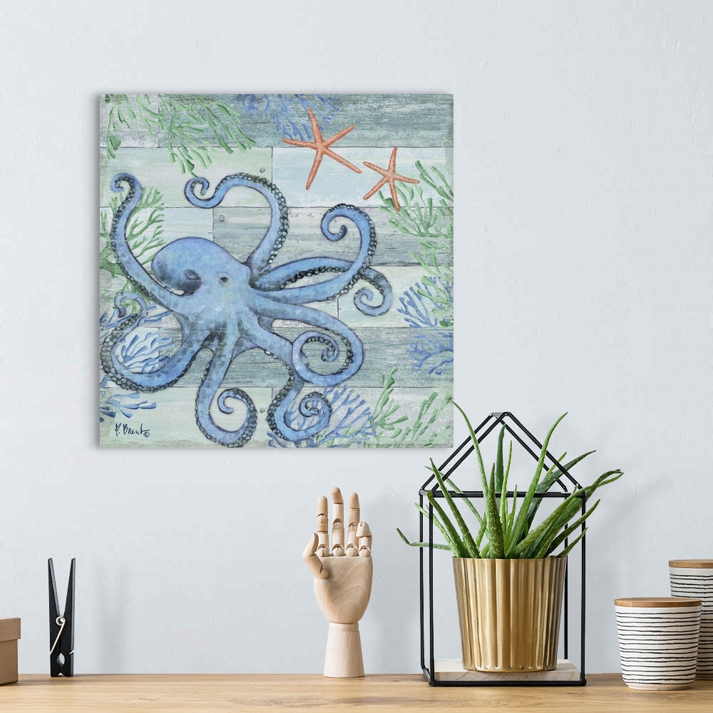 A bohemian room featuring Square beach decor with an octopus, starfish, and seaweed in blue and green tones on a faux wood ...