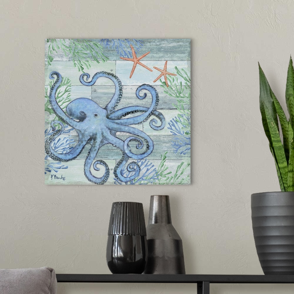 A modern room featuring Square beach decor with an octopus, starfish, and seaweed in blue and green tones on a faux wood ...