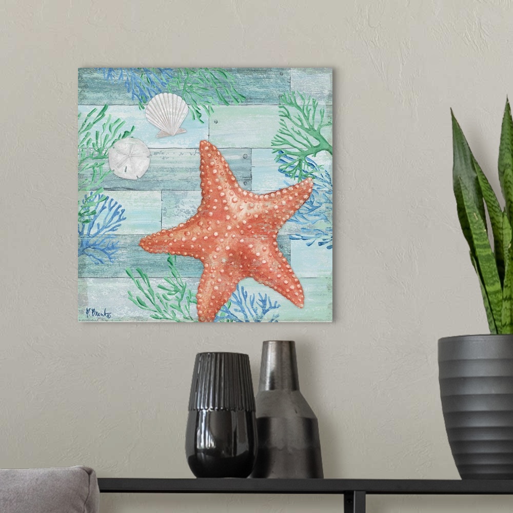 A modern room featuring Square beach decor with a starfish, seashell, sand dollar, and seaweed in blue and green tones on...