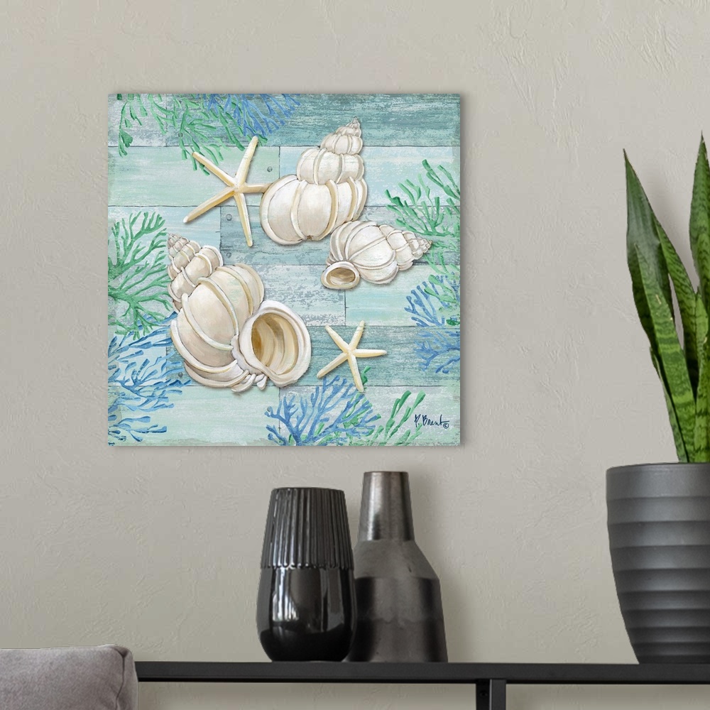 A modern room featuring Square shell, starfish, and coral decor in light blue, green, and white.