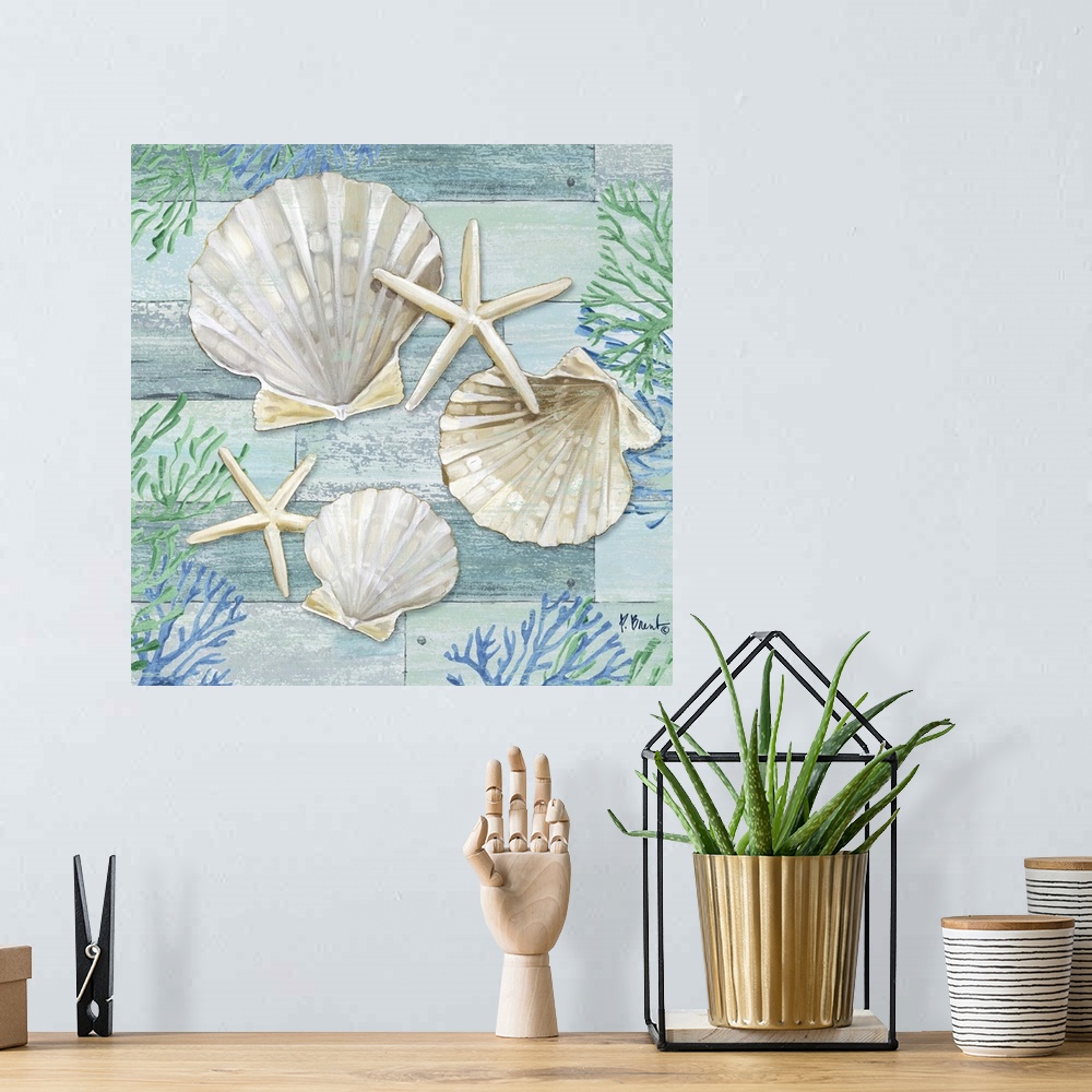 A bohemian room featuring Square shell, starfish, and coral decor in light blue, green, and white.