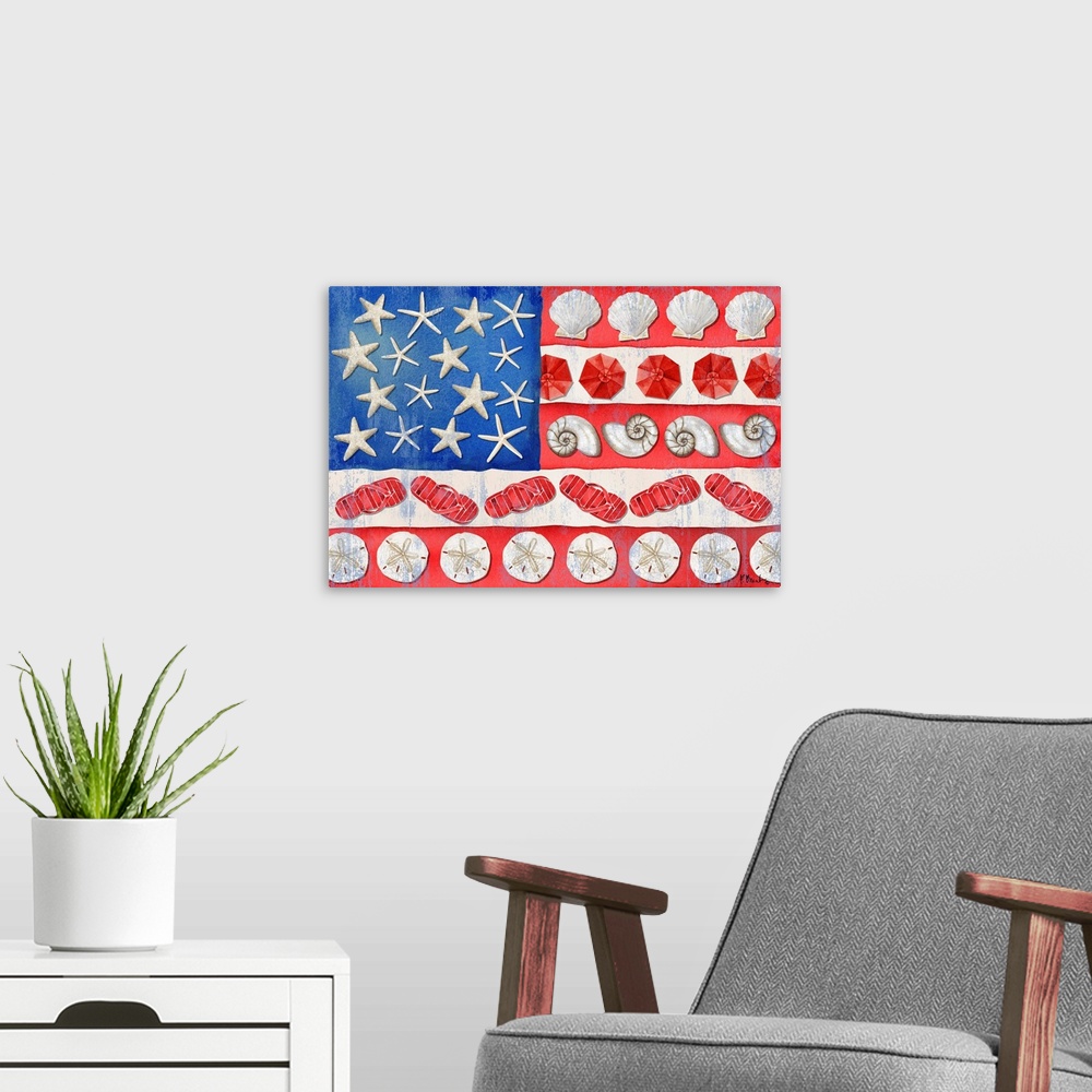 A modern room featuring American flag made of ocean elements, including shells, starfish, and sandals.