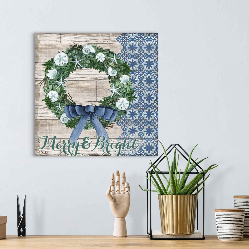 A bohemian room featuring A Christmas wreath decorated with shells and starfish on a wood panel background.