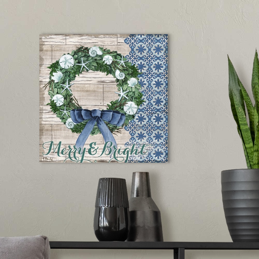 A modern room featuring A Christmas wreath decorated with shells and starfish on a wood panel background.
