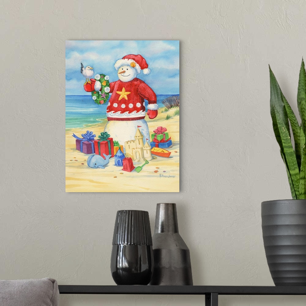 A modern room featuring A "snow" man on the beach surrounded by presents and wearing a festive sweater.