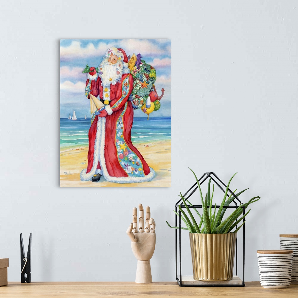 A bohemian room featuring Santa Claus carrying a sack full of toys on a sandy beach.