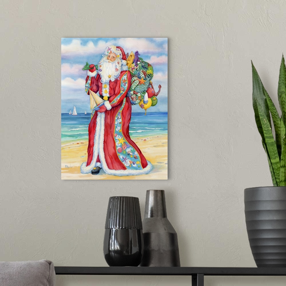 A modern room featuring Santa Claus carrying a sack full of toys on a sandy beach.