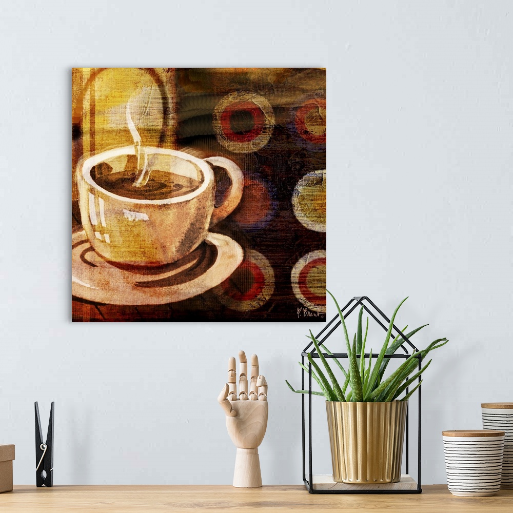 A bohemian room featuring Decorative panel with a cup of coffee on a saucer over a geometric abstract background.