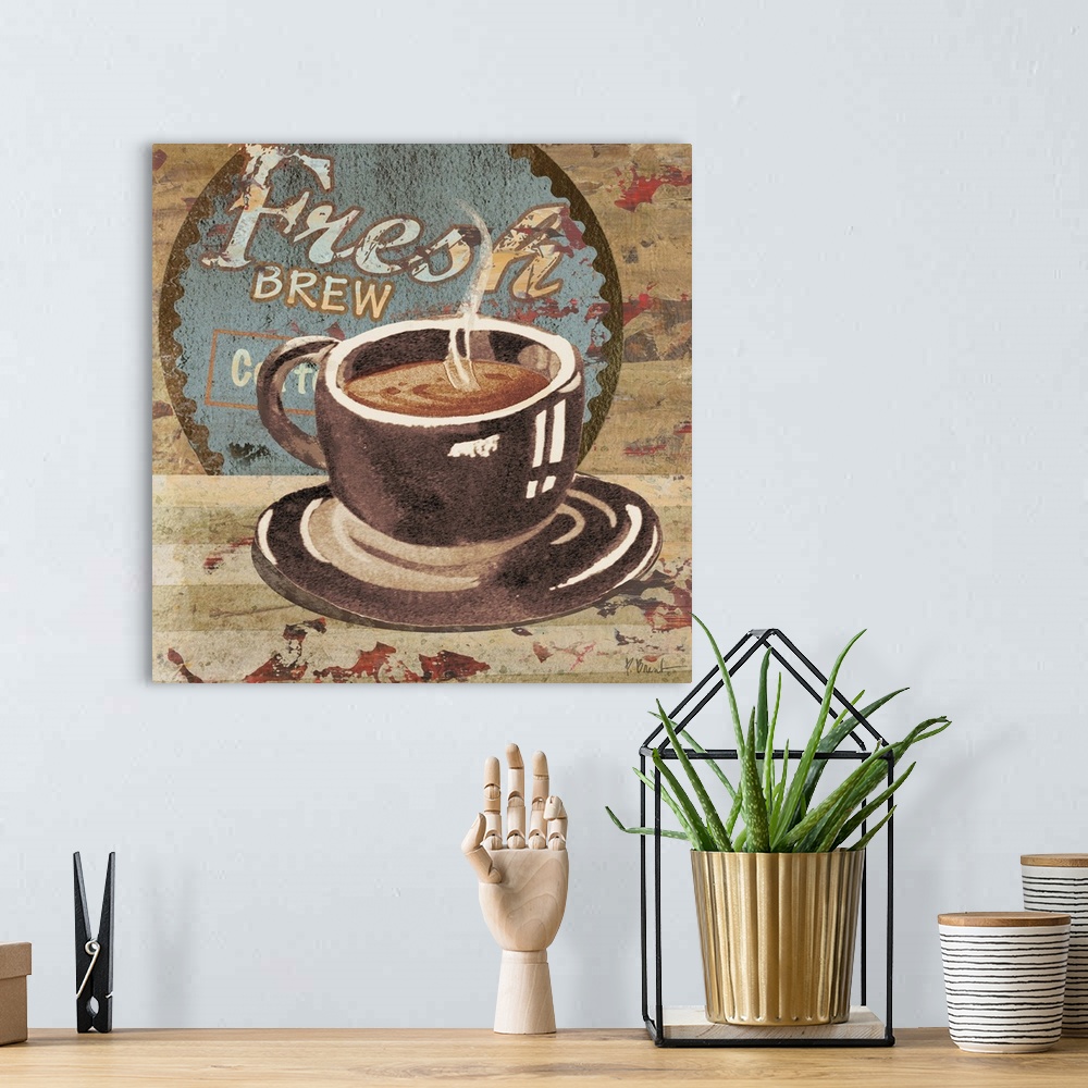 A bohemian room featuring Rustic sign for a cafe with a steaming cup of coffee and the words Fresh Brew.