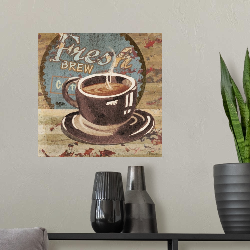 A modern room featuring Rustic sign for a cafe with a steaming cup of coffee and the words Fresh Brew.