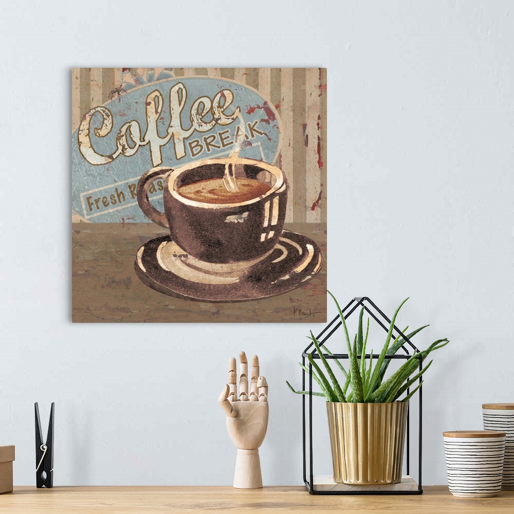 A bohemian room featuring Rustic sign for a cafe with a steaming cup of coffee and the words Coffee Break.