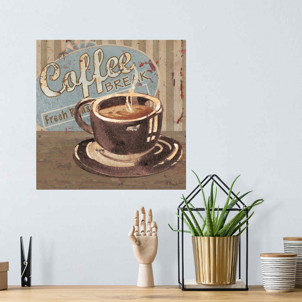A bohemian room featuring Rustic sign for a cafe with a steaming cup of coffee and the words Coffee Break.