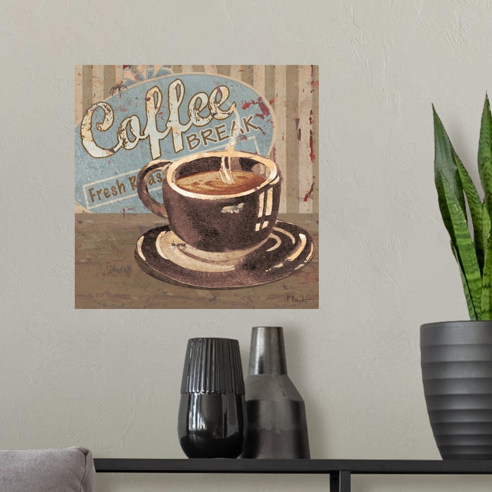 A modern room featuring Rustic sign for a cafe with a steaming cup of coffee and the words Coffee Break.