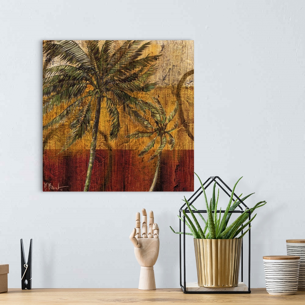 A bohemian room featuring Decorative panel of a palm tree with leafy fronds against an abstract background.
