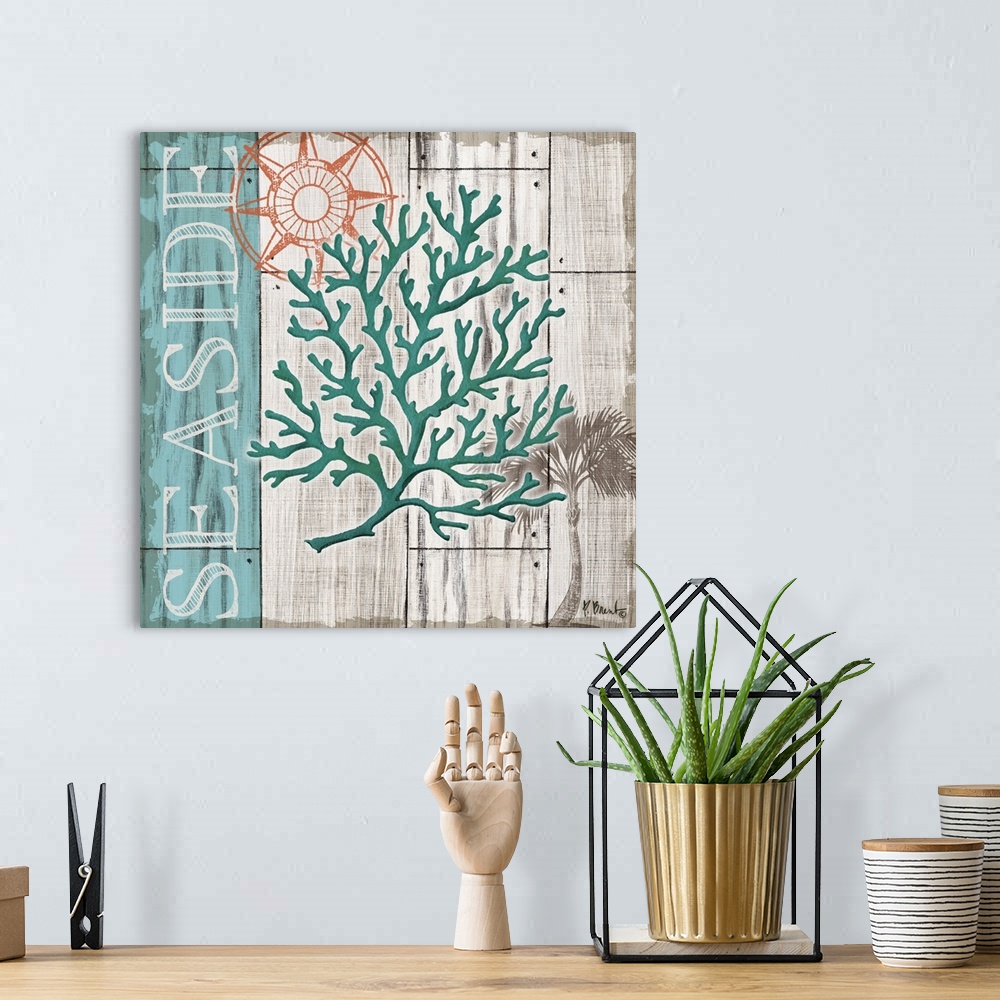 A bohemian room featuring Contemporary decorative artwork of a coral element and a compass rose on a textured wooden backgr...