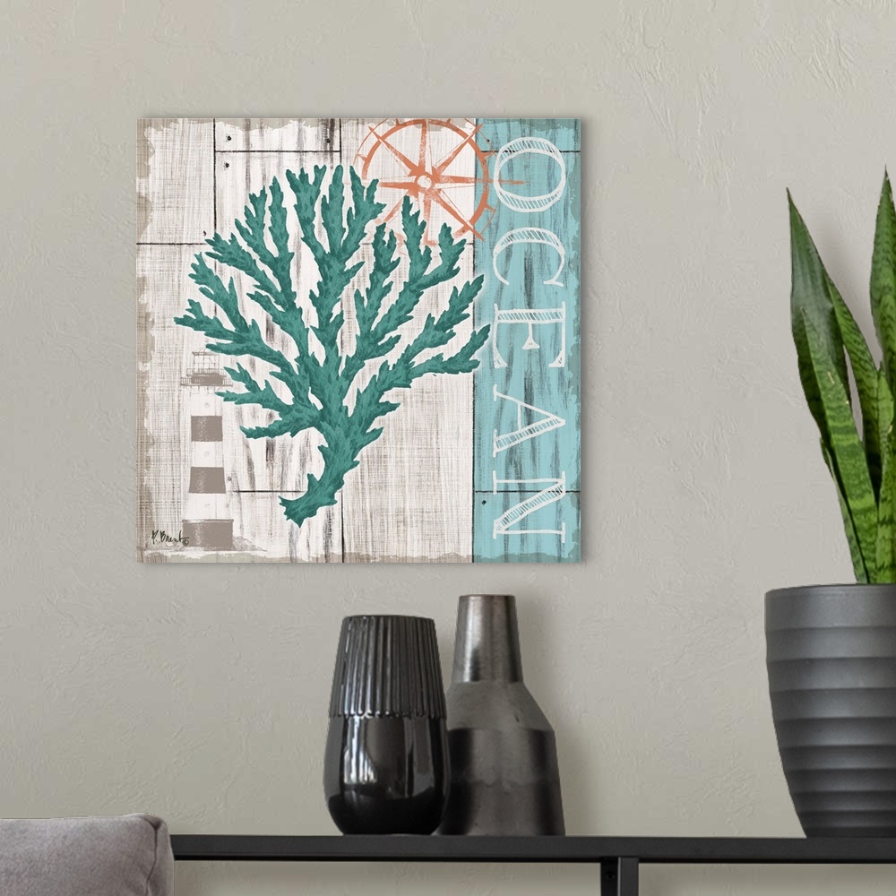 A modern room featuring Contemporary decorative artwork of a coral element and a compass rose on a textured wooden backgr...