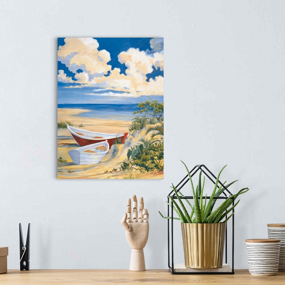 A bohemian room featuring Contemporary painting of boats on a sandy beach under a cloudy sky.