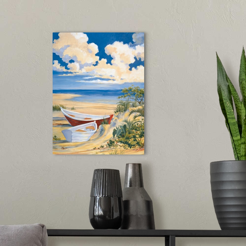 A modern room featuring Contemporary painting of boats on a sandy beach under a cloudy sky.