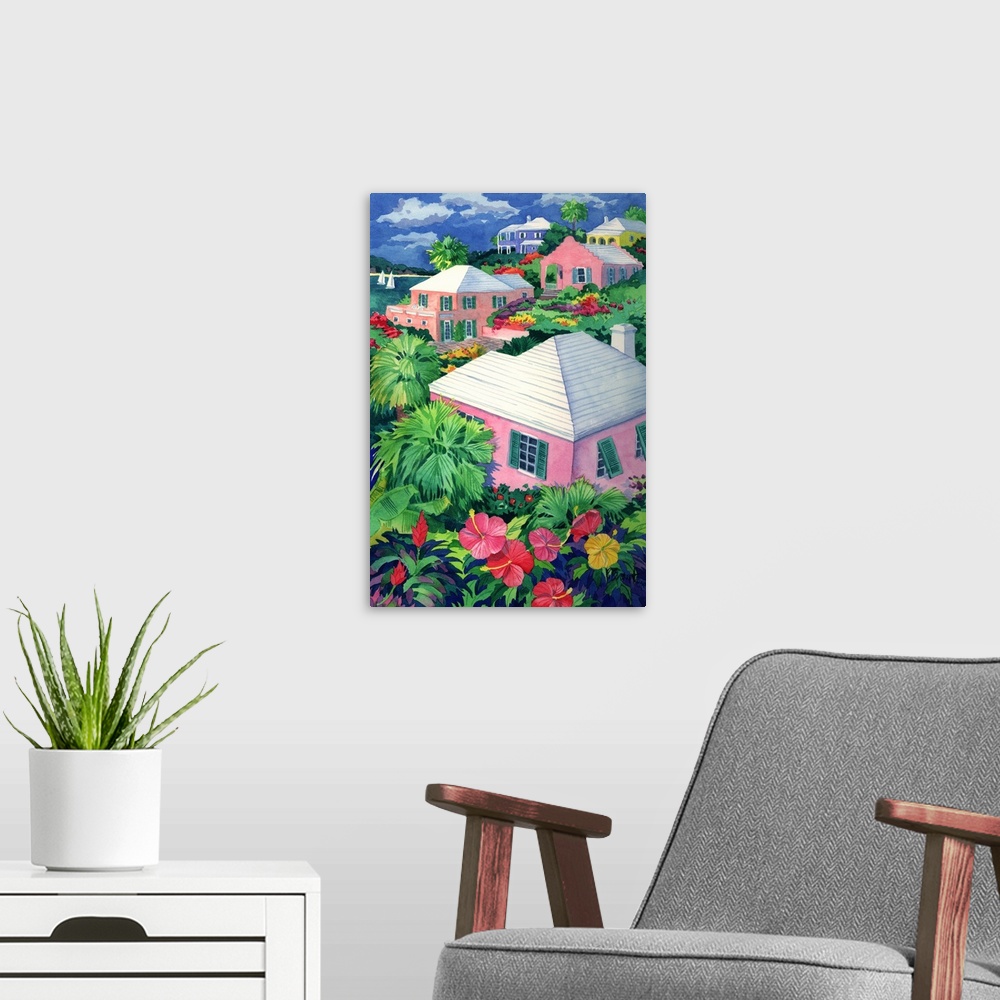 A modern room featuring Contemporary painting of several pink cottages with palm trees and hibiscus flowers.