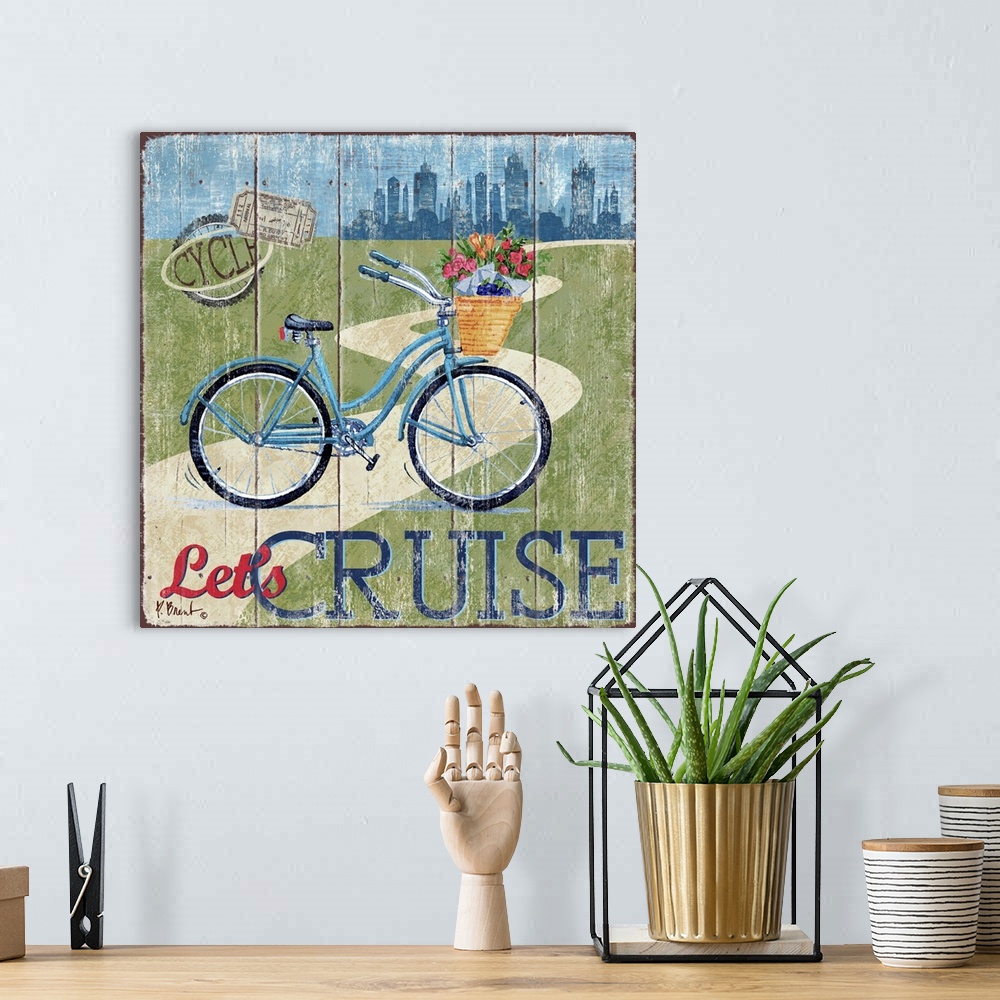 A bohemian room featuring Decorative art of a bicycle near a road with a city skyline in the distance on a textured panel b...