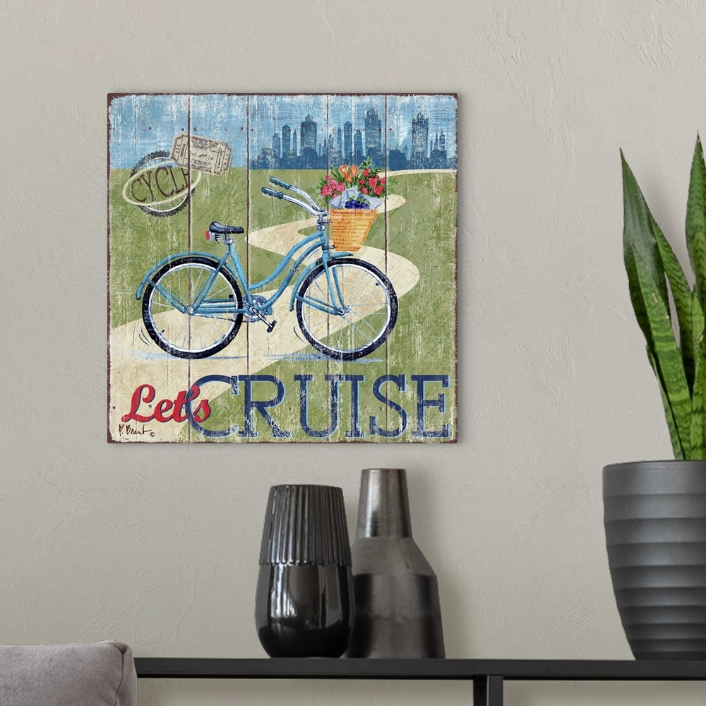 A modern room featuring Decorative art of a bicycle near a road with a city skyline in the distance on a textured panel b...