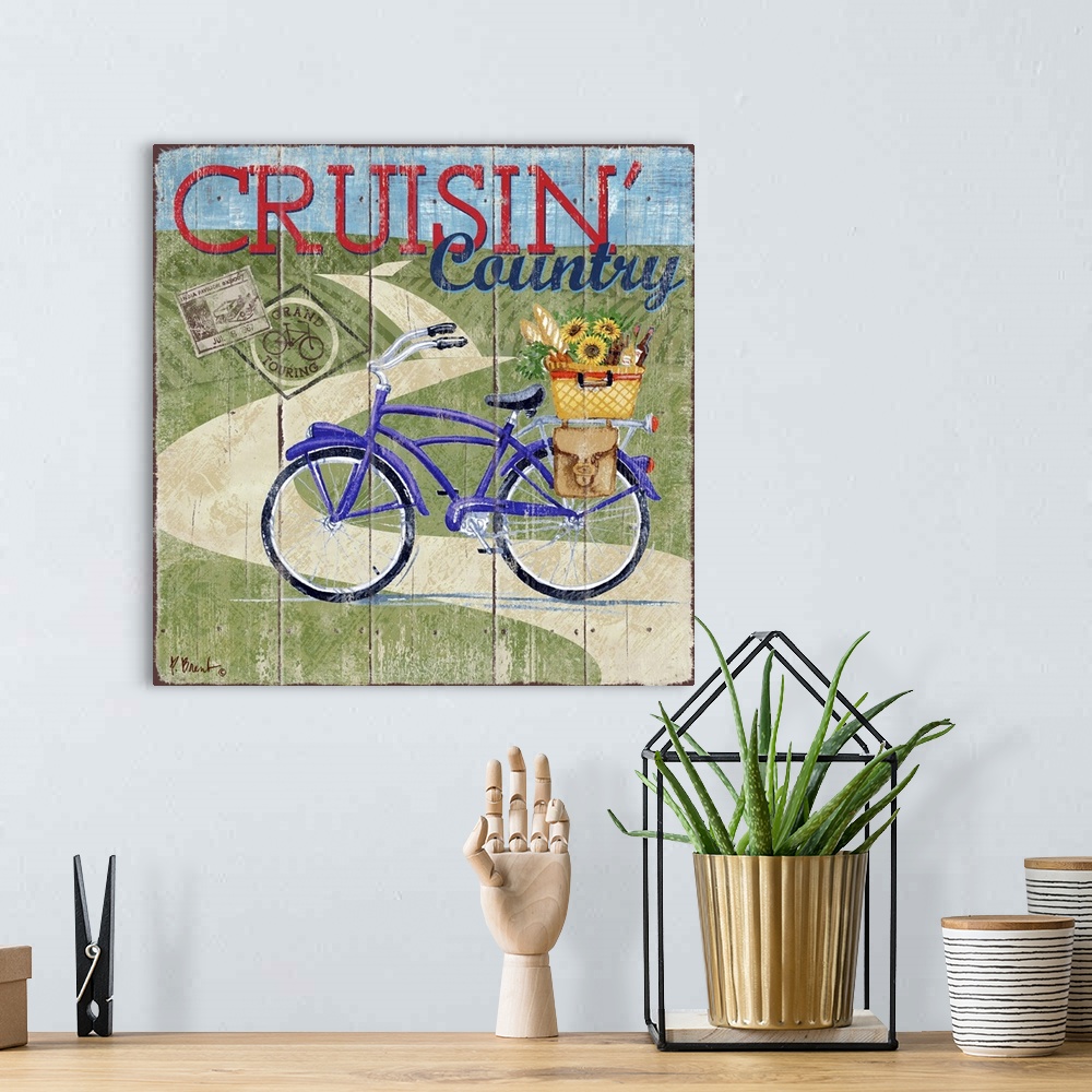 A bohemian room featuring Decorative art of a bicycle on a road in the hilly countryside on a textured panel background.