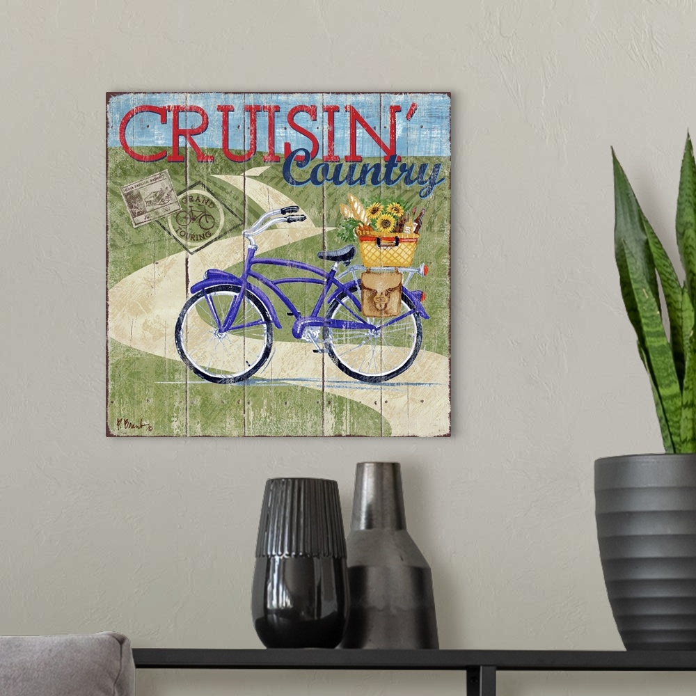 A modern room featuring Decorative art of a bicycle on a road in the hilly countryside on a textured panel background.