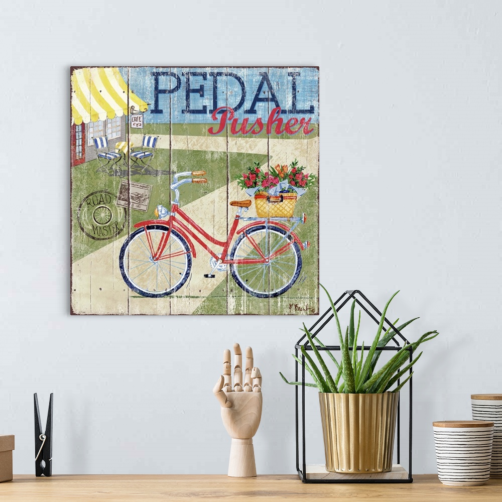 A bohemian room featuring Decorative art of a bicycle on the street near a small cafe on a textured panel background.