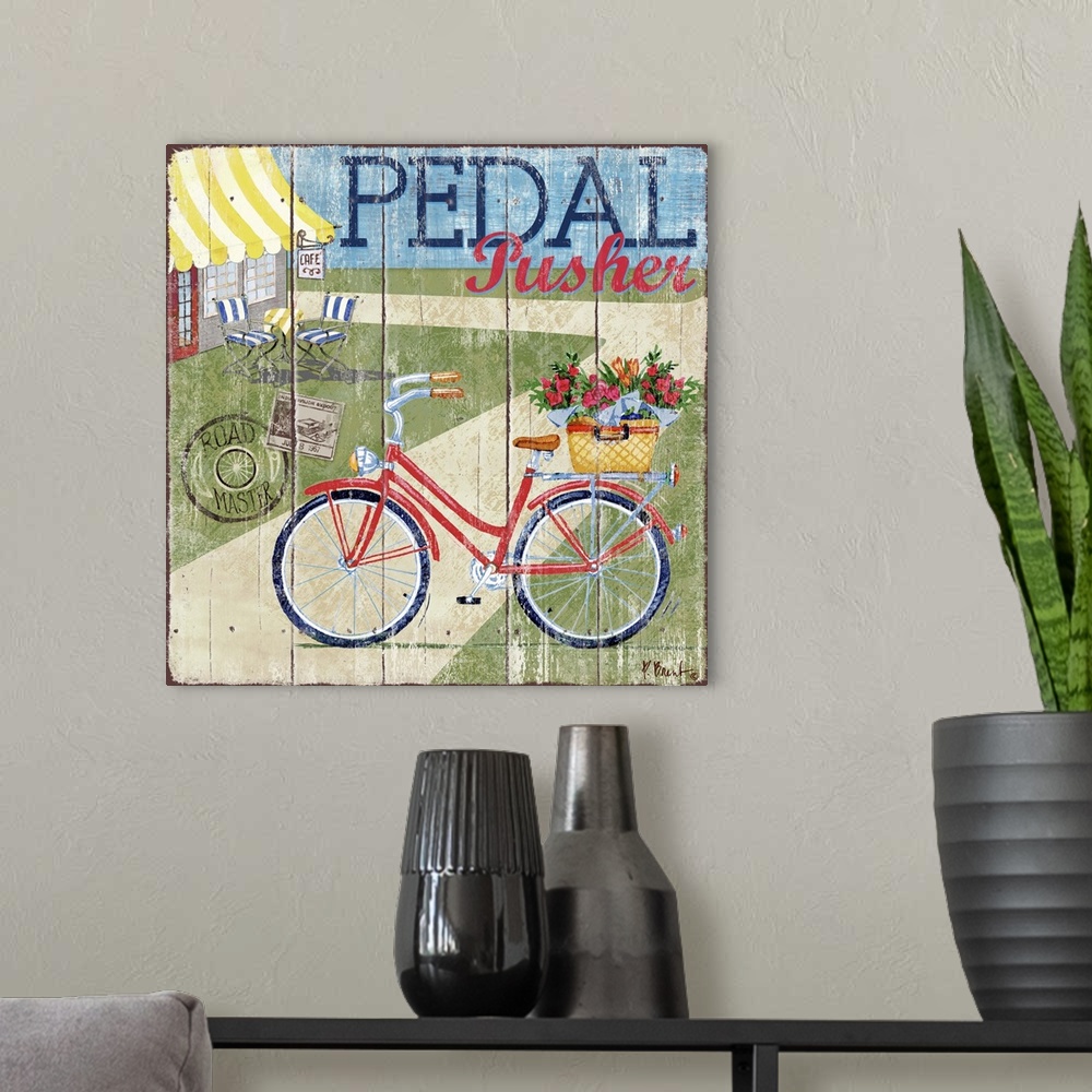 A modern room featuring Decorative art of a bicycle on the street near a small cafe on a textured panel background.