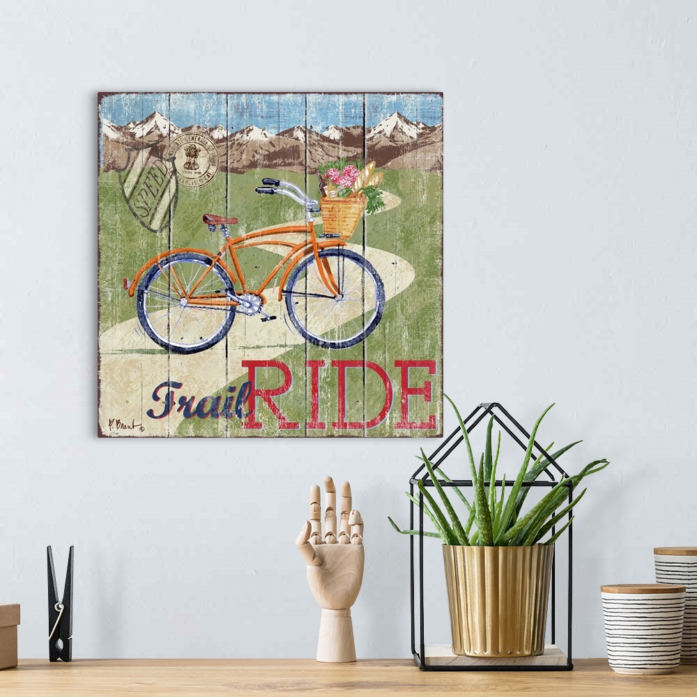 A bohemian room featuring Decorative art of a bicycle on a road that leads to the mountains on a textured panel background.