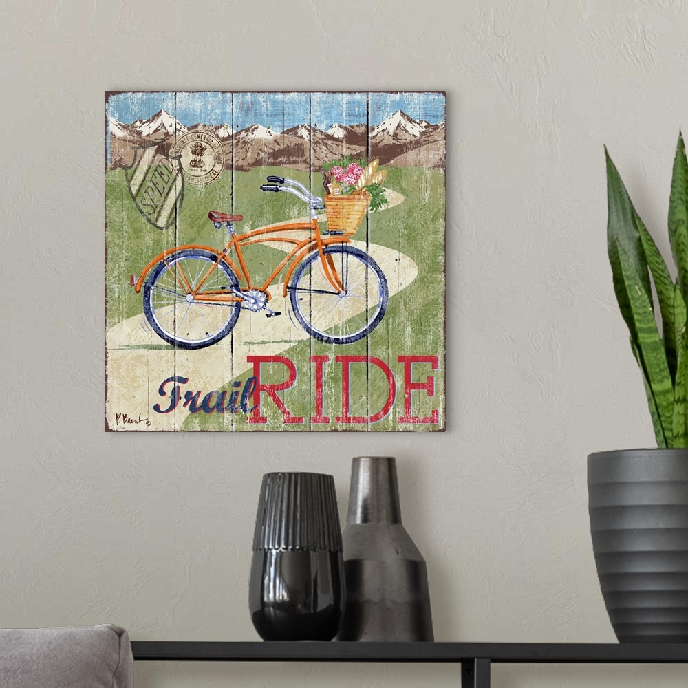 A modern room featuring Decorative art of a bicycle on a road that leads to the mountains on a textured panel background.