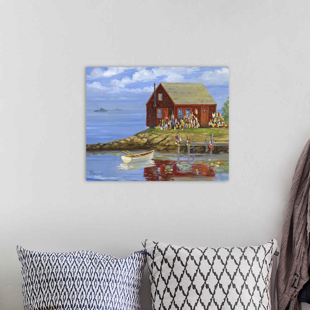 A bohemian room featuring Contemporary painting of a New England lobster shack at a harbor with boats and several buoys.
