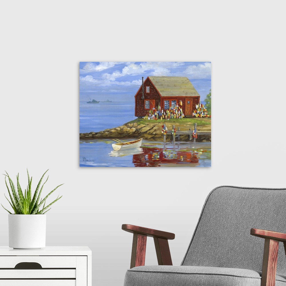 A modern room featuring Contemporary painting of a New England lobster shack at a harbor with boats and several buoys.