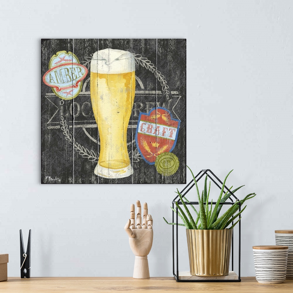 A bohemian room featuring Contemporary decorative artwork of a craft beer in a glass on a textured panel background.