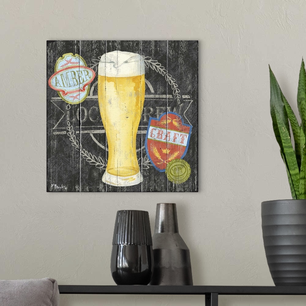 A modern room featuring Contemporary decorative artwork of a craft beer in a glass on a textured panel background.