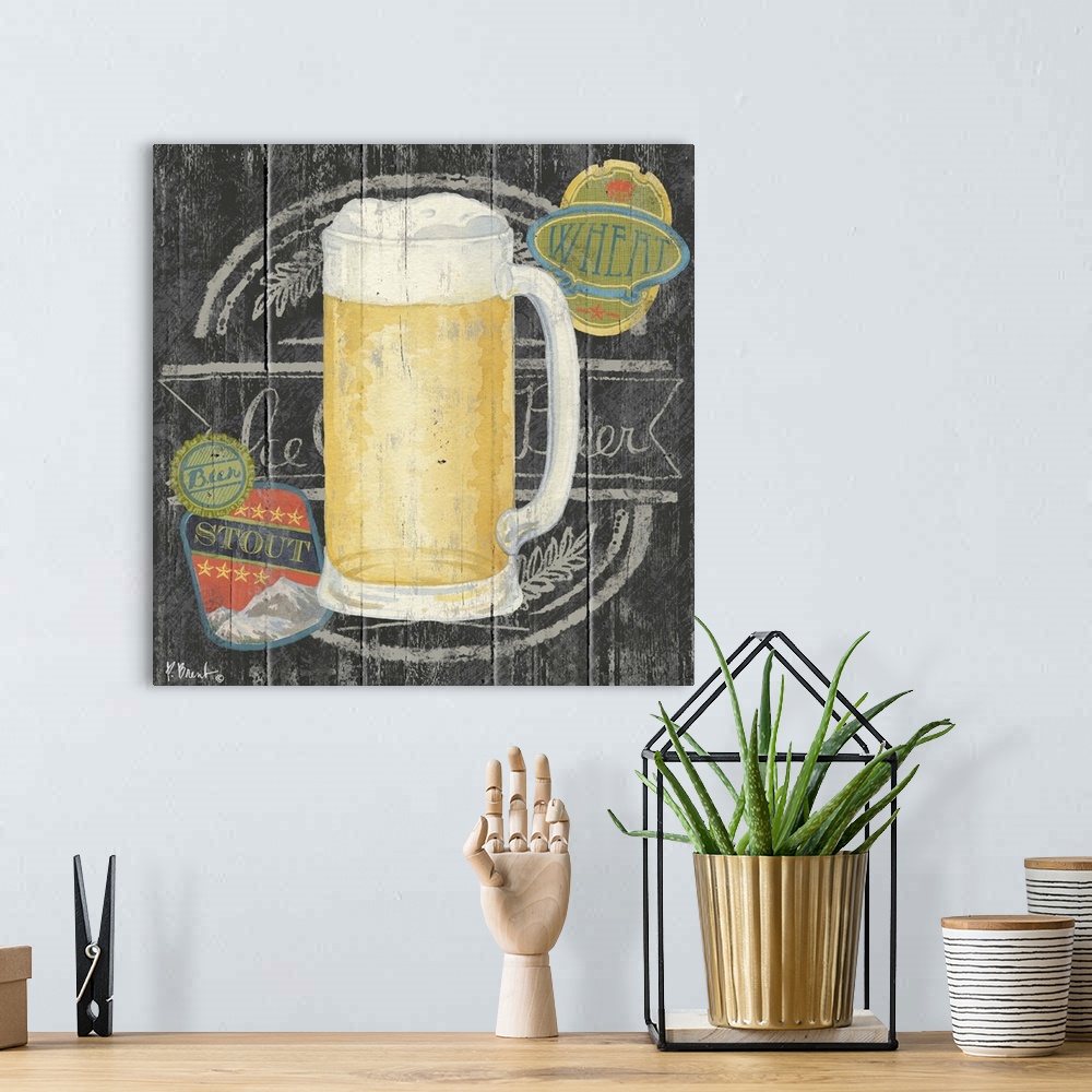 A bohemian room featuring Contemporary decorative artwork of a craft beer in a mug on a textured panel background.
