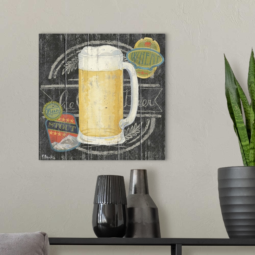 A modern room featuring Contemporary decorative artwork of a craft beer in a mug on a textured panel background.