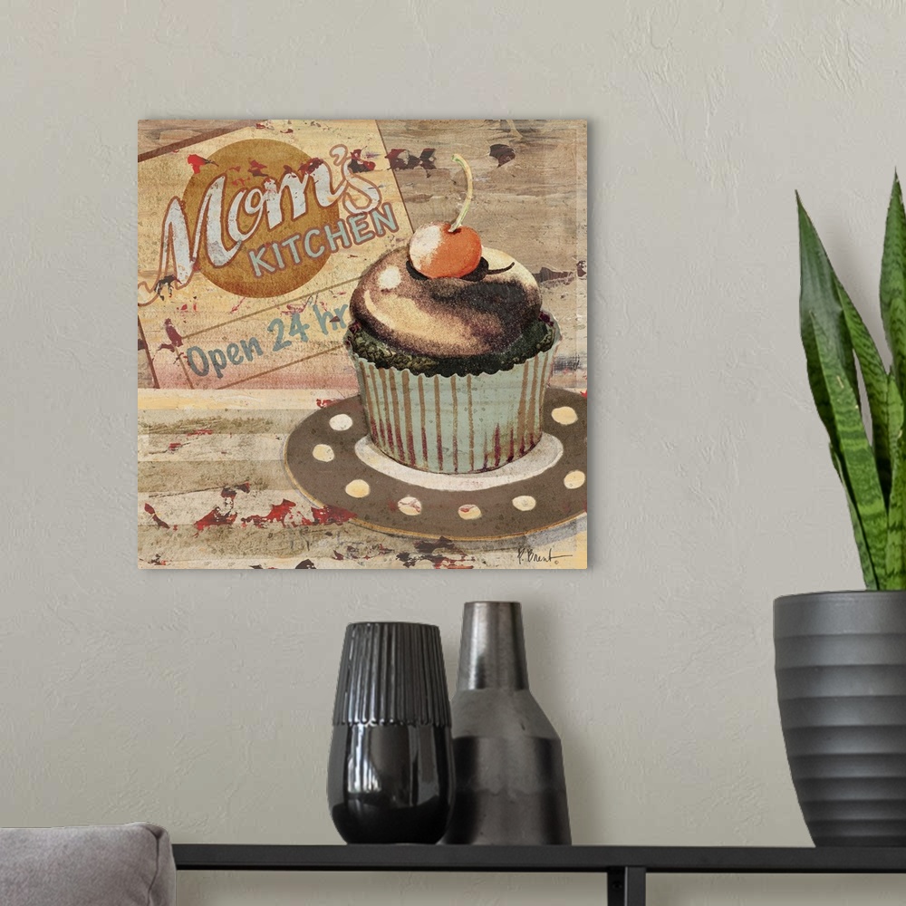 A modern room featuring Rustic sign for a bakery featuring a cupcake and the text Mom's Kitchen.