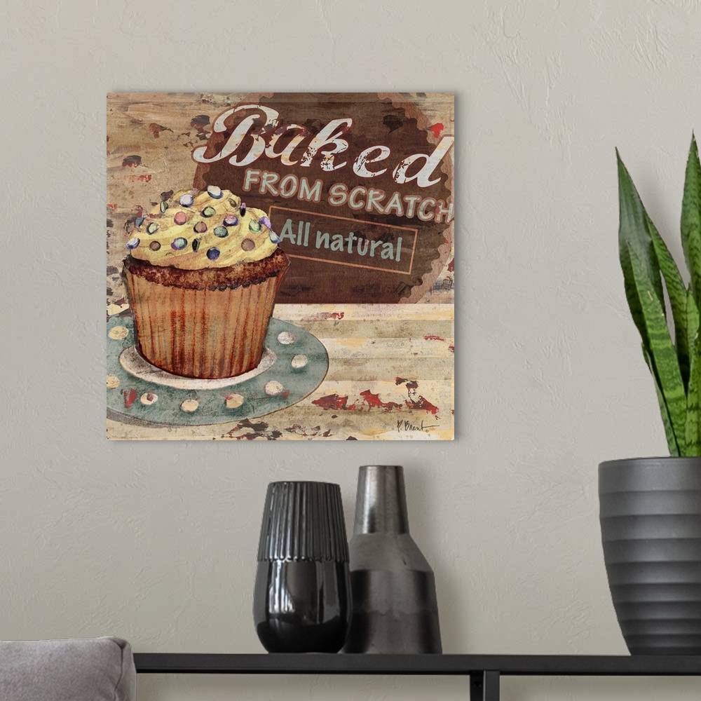 A modern room featuring Rustic sign for a bakery featuring a cupcake and the text Baked From Scratch.