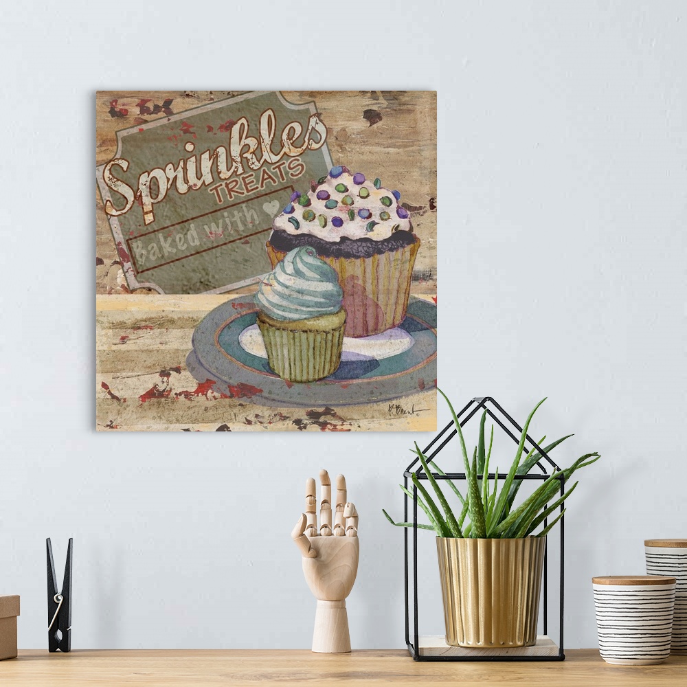 A bohemian room featuring Rustic sign for a bakery featuring a cupcake and the text Sprinkles Treats.