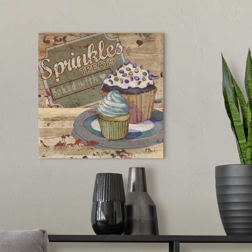 A modern room featuring Rustic sign for a bakery featuring a cupcake and the text Sprinkles Treats.